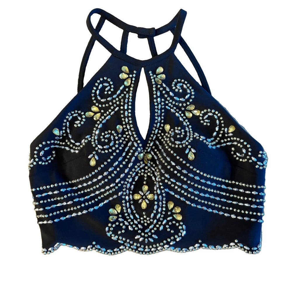 Vintage Morgan & Co. Beaded Halter Crop Top with Rhinestone Embellishments Y2K